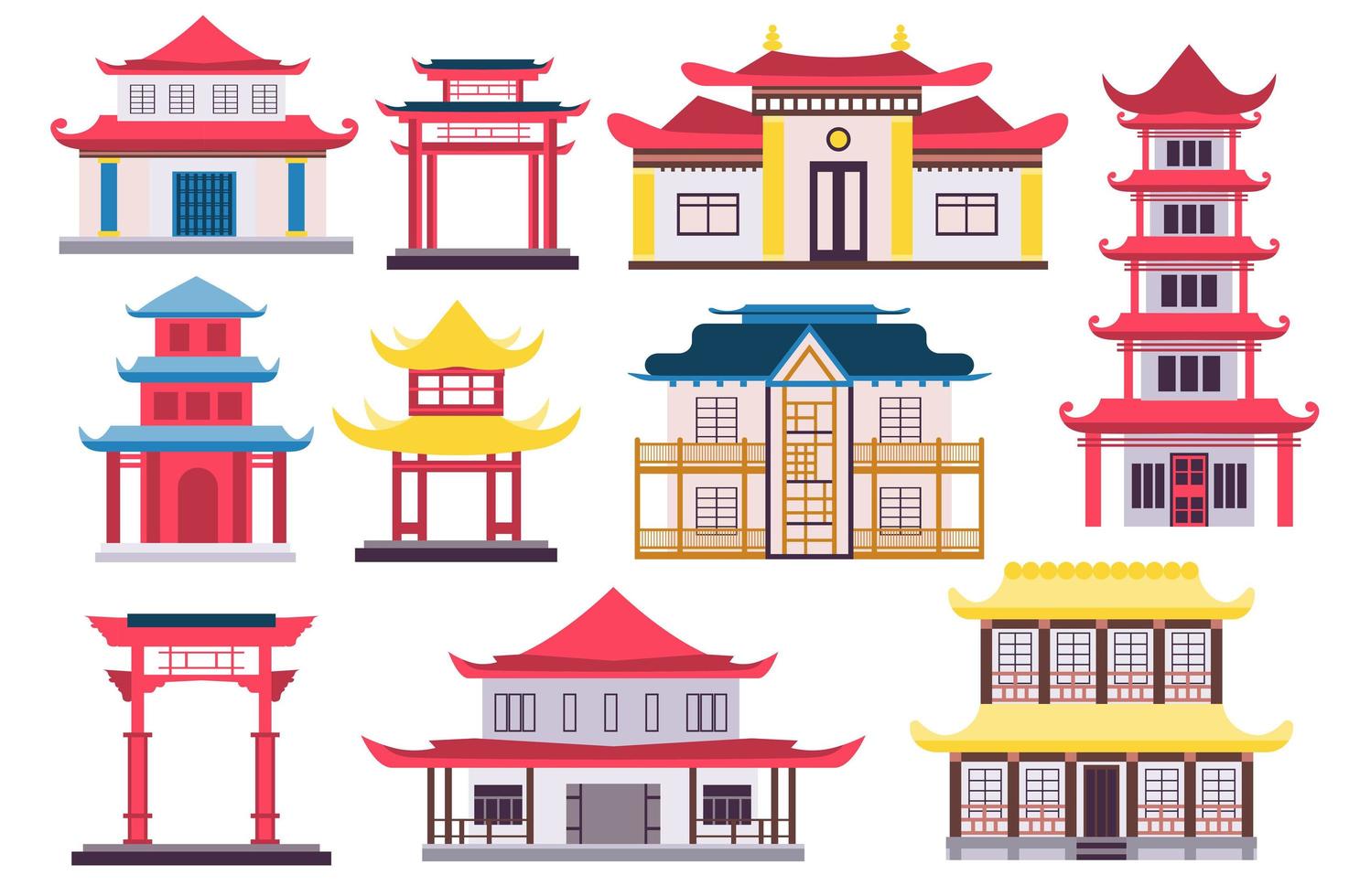 coleção de conceito de edifícios chineses e japoneses em design de desenho animado plano. torres, casas, portão e templo em arquitetura tradicional com telhados de pagode, conjunto de elementos isolados. ilustração vetorial vetor