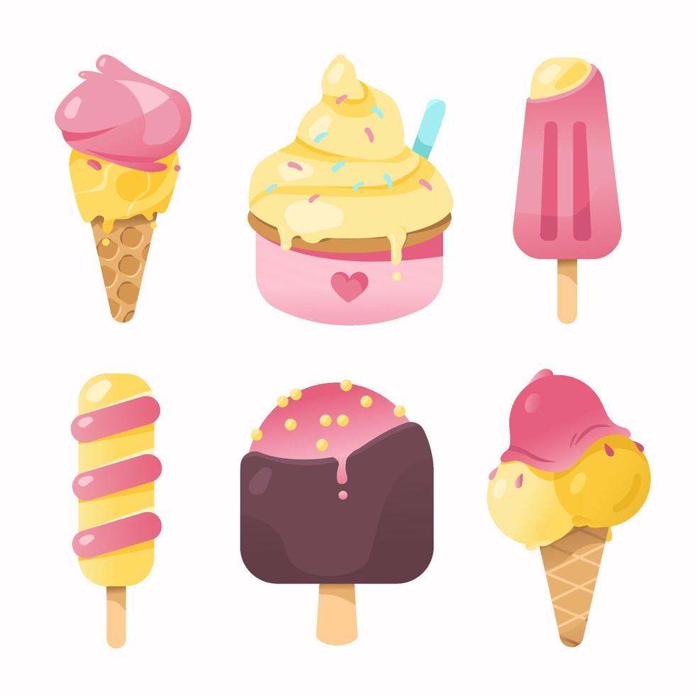 um conjunto de ícones fofos de verão, vários sorvetes, sorvetes. cartaz de verão brilhante com comida doce. uma coleção de elementos de scrapbooking para uma festa na praia vetor