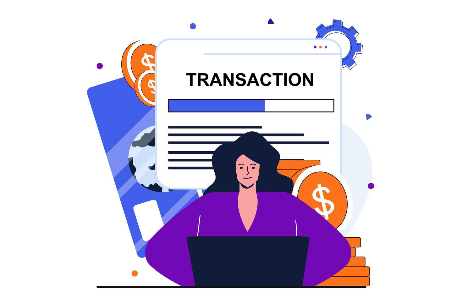 conceito plano moderno de pagamento on-line para design de banner web. mulher realiza transação financeira e transfere dinheiro pagando por serviços usando laptop. ilustração vetorial com cena de pessoas isoladas vetor