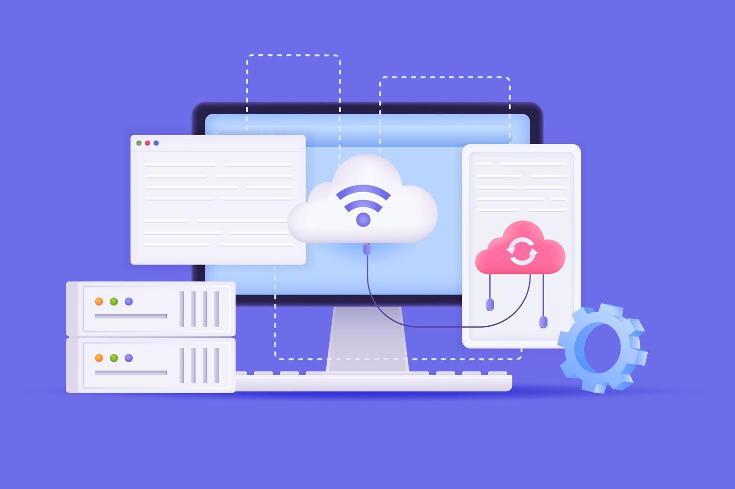 computação em nuvem e ilustração 3d do conceito de armazenamento. composição de ícones com tela do computador, upload e processamento de arquivos, servidores de configurações e data center. ilustração vetorial para web design moderno vetor