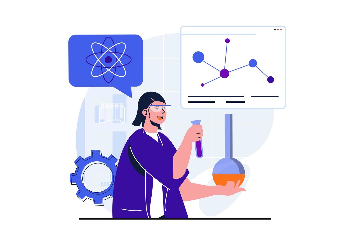 conceito plano moderno de pesquisa científica para design de banner web. mulher segura frasco e tubo de ensaio, explora e faz experimento químico, trabalha em laboratório. ilustração vetorial com cena de pessoas isoladas vetor