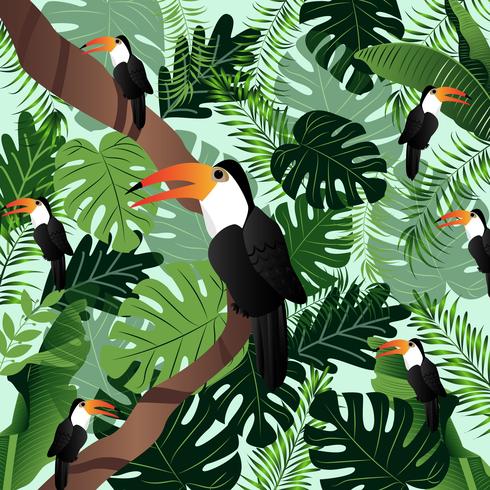 A palma tropical da bandeira do verão deixa a imagem do vetor dos pássaros.