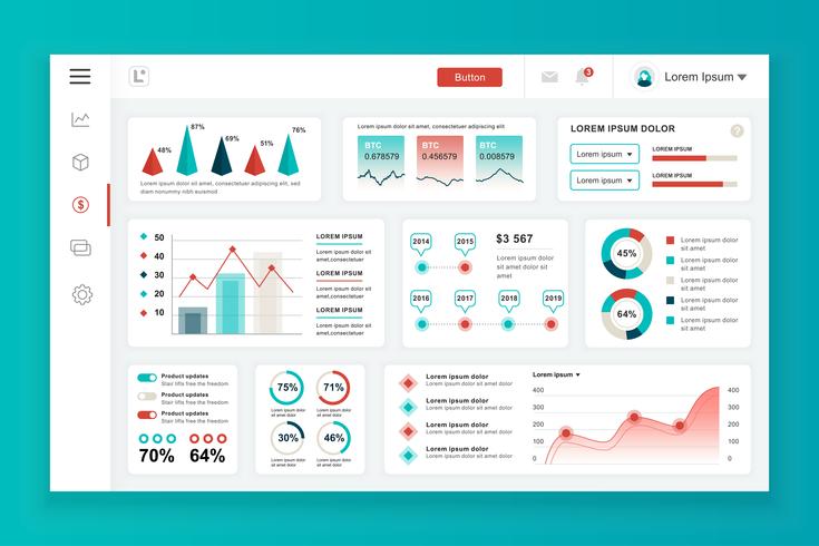 Modelo de design do painel painel admin vector com elementos de infográfico, gráfico, diagrama, gráficos de informação. Painel de controle do site para a página da web de design ui e ux. Ilustração vetorial