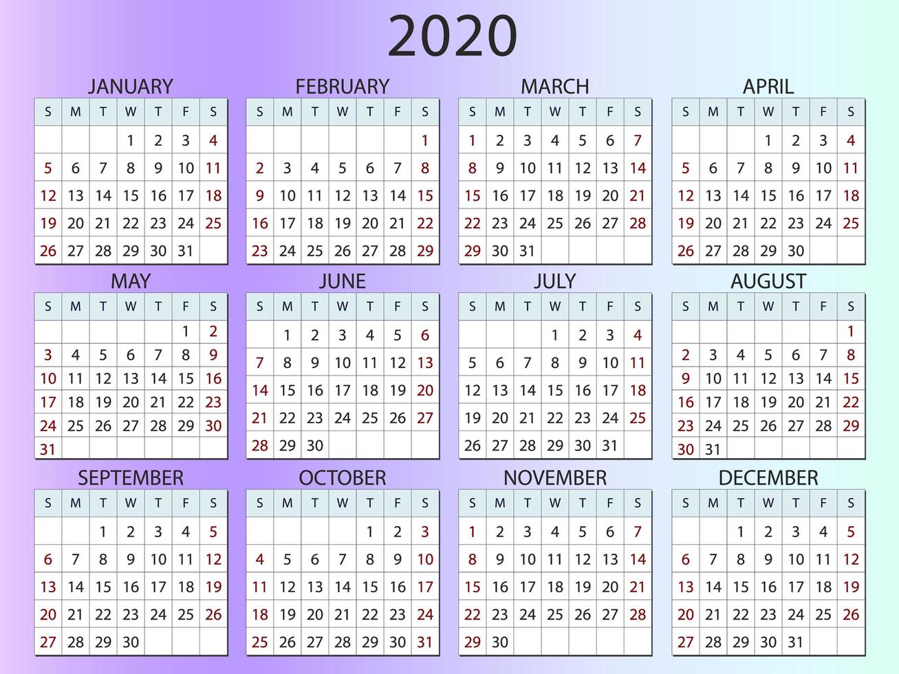layout de calendário simples para 2020 vetor