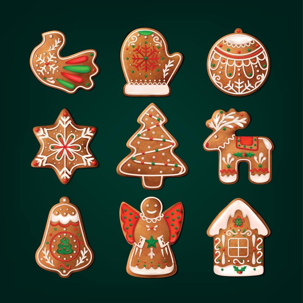 conjunto de ícones de cores de biscoitos de natal realista vetor