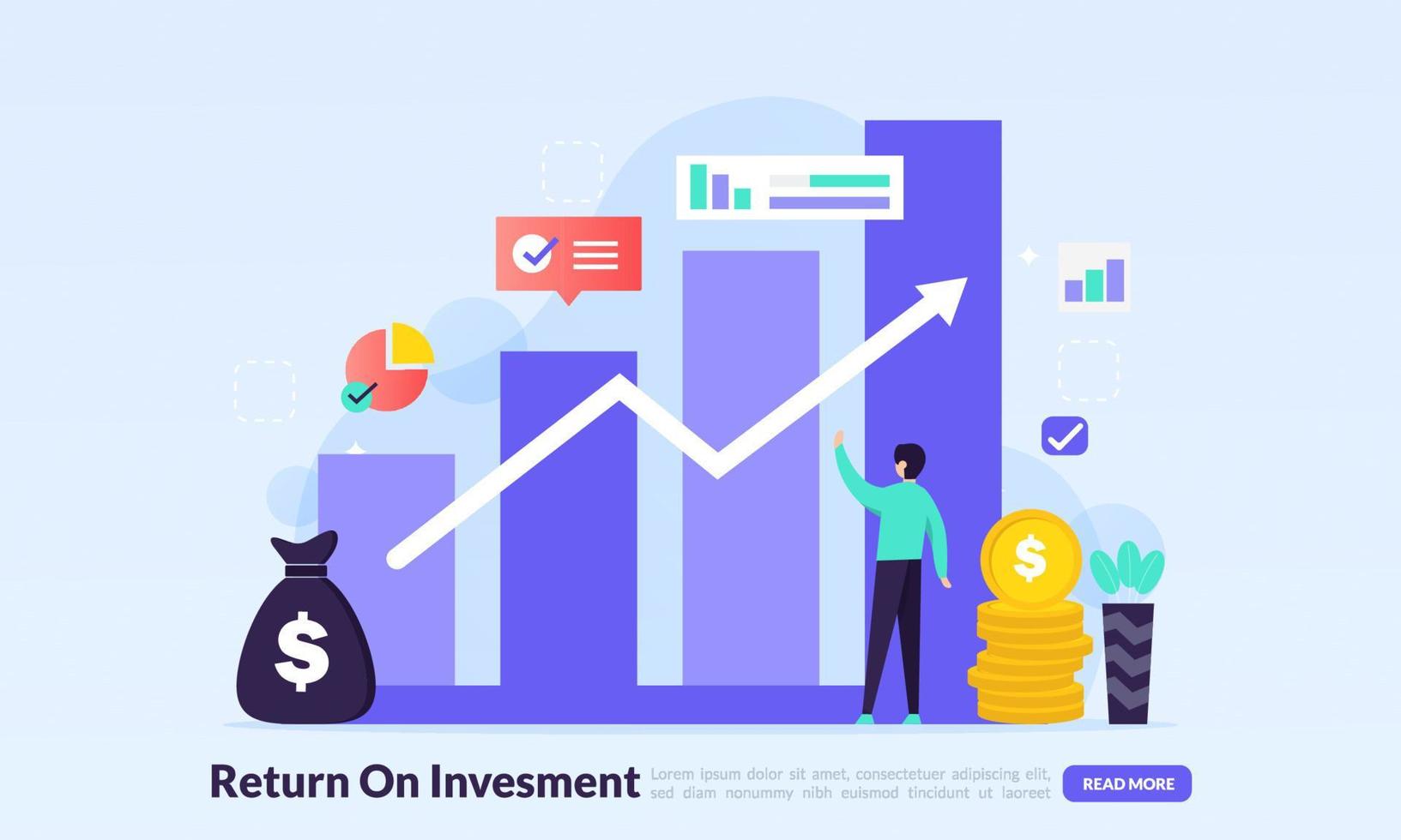 roi, conceito de retorno do investimento, pessoas gerenciando gráfico financeiro, receita de lucro, modelo de página de destino para banner, panfleto, interface do usuário, web, aplicativo móvel, pôster vetor