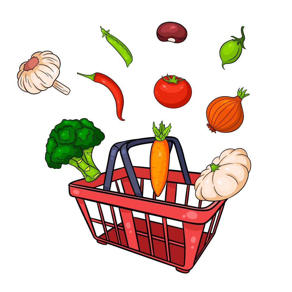cesta de compras com legumes. fazer compras na loja. vetor