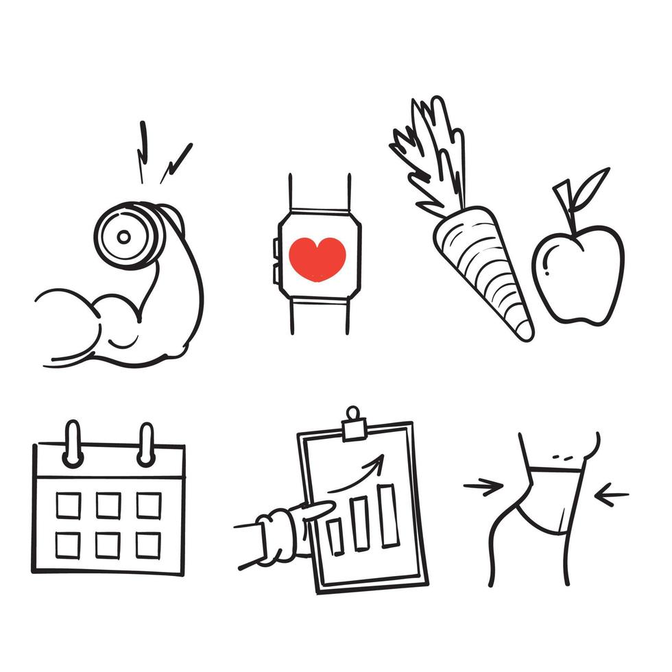 vetor de coleção de ícone de conceito de ilustração de exercício de fitness de doodle desenhado à mão