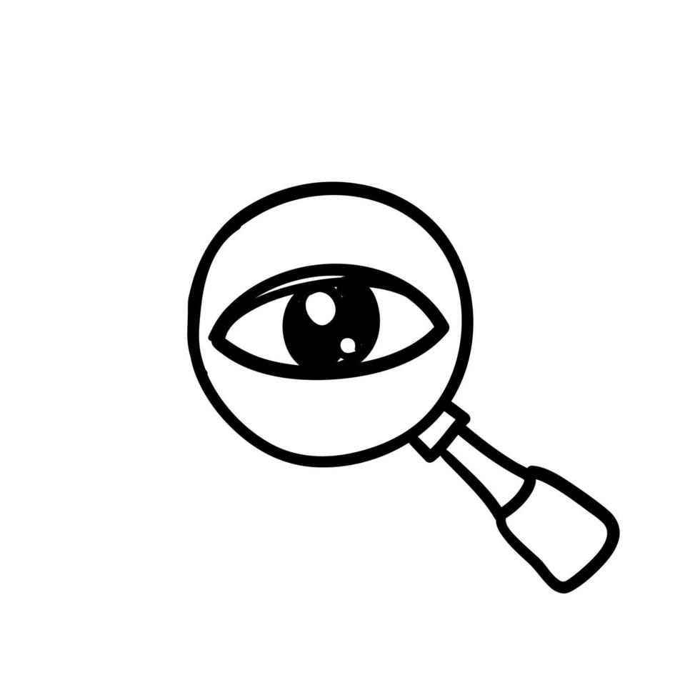 lupa desenhada de mão com ícone de contorno de olho. encontre o ícone, investigue o símbolo do conceito. aparência, aspecto, aparência, visão, ícone de visão criativa para web e doodle móvel vetor