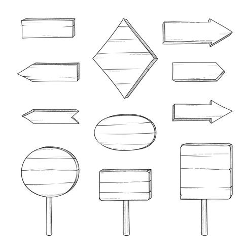 Sinal de estrada de madeira e seta. Conjunto de prancha de gravura retrô. Ponteiro um vetor
