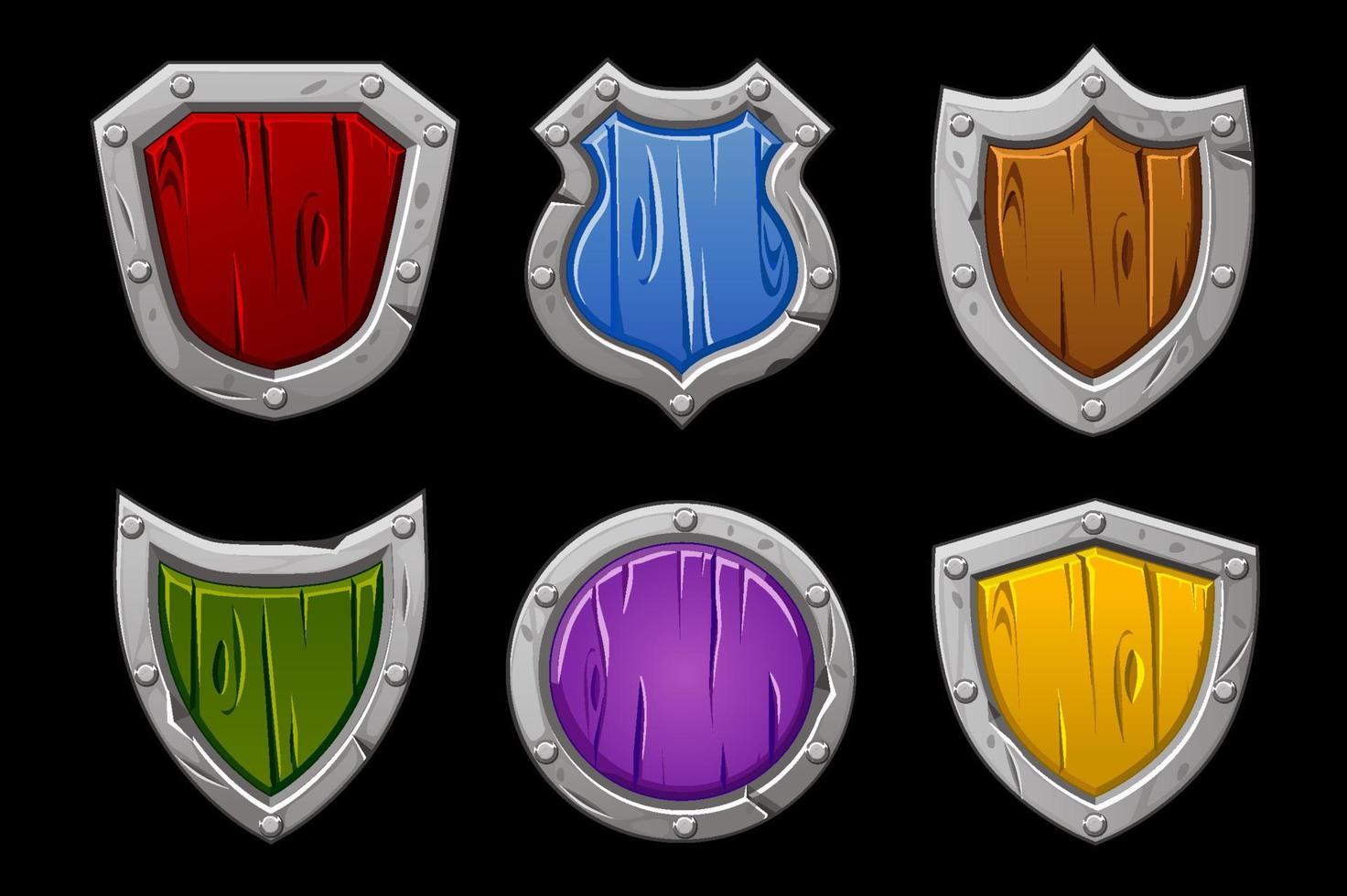 conjunto de escudos de pedra multicoloridos de várias formas. escudos de madeira isolados para o jogo. vetor