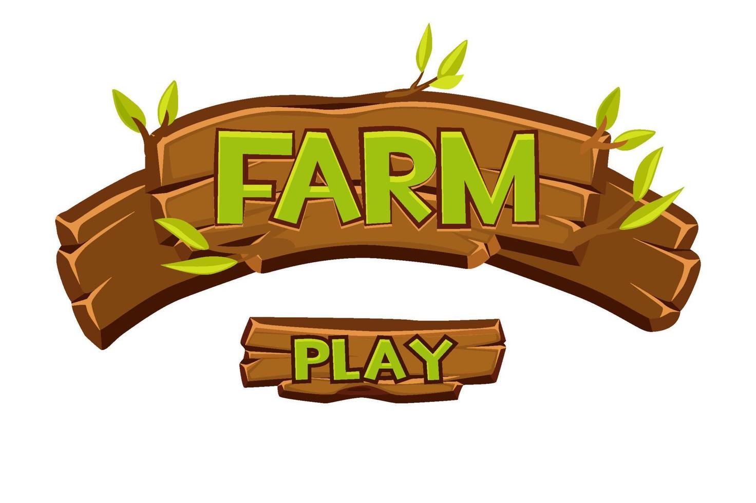 logotipo de fazenda de madeira vetorial para jogo de interface do usuário. ilustração dos desenhos animados de letras e folhas verdes. vetor