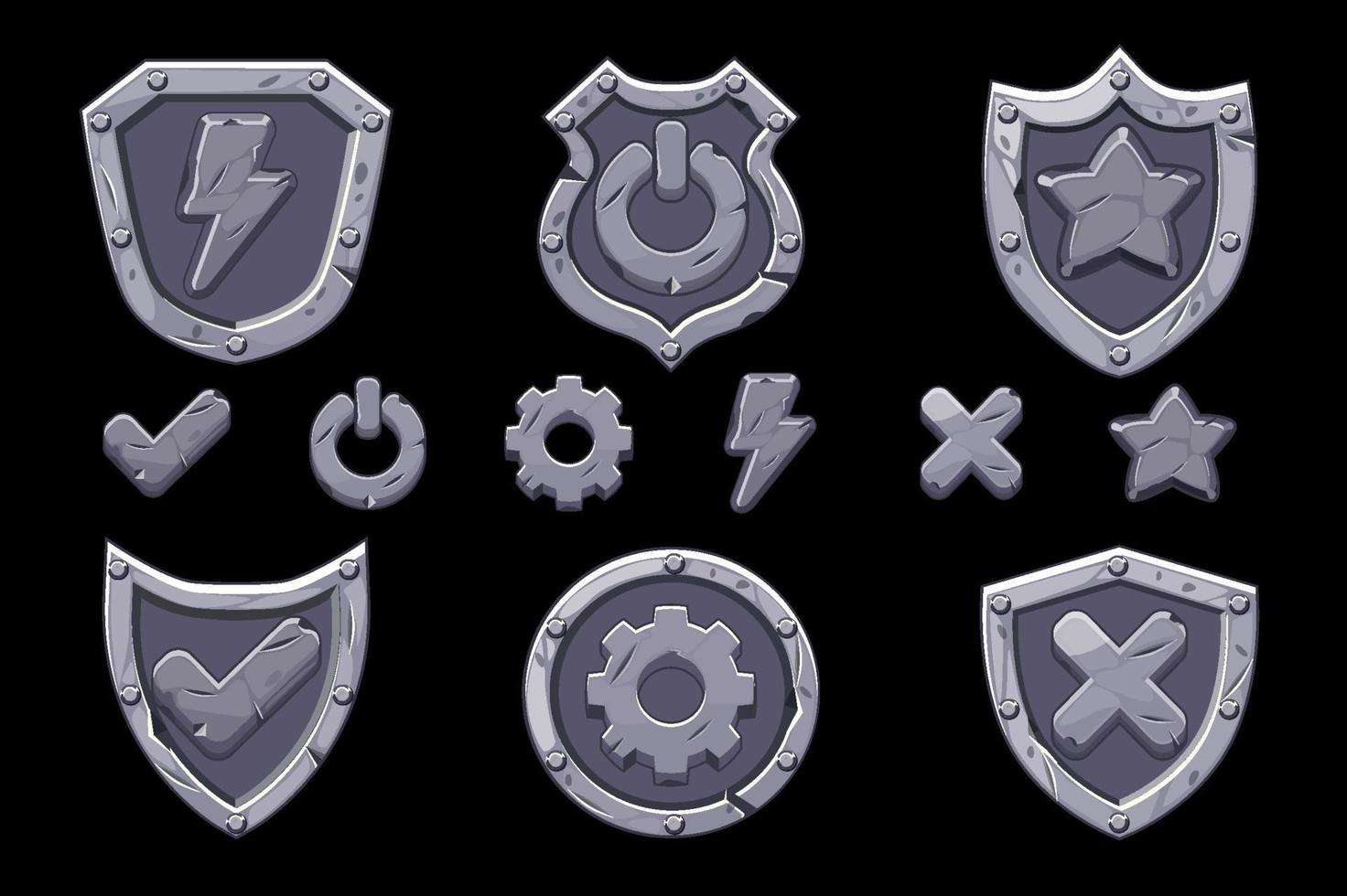 conjunto de ícones de escudos de menu de pedra para o jogo. ícones isolados de opções, configurações, energia para a interface. vetor