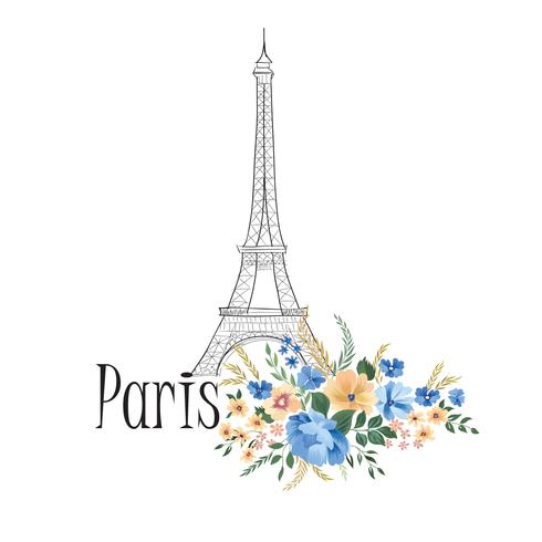 Fundo de Paris. Sinal de Paris floral com flores, torre Eiffel. vetor