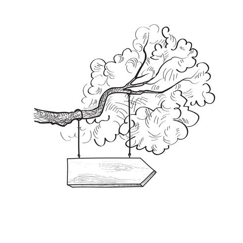 Letreiro da seta no ramo de árvore. Tabuleta de madeira desenhada. Sinal de informação vetor