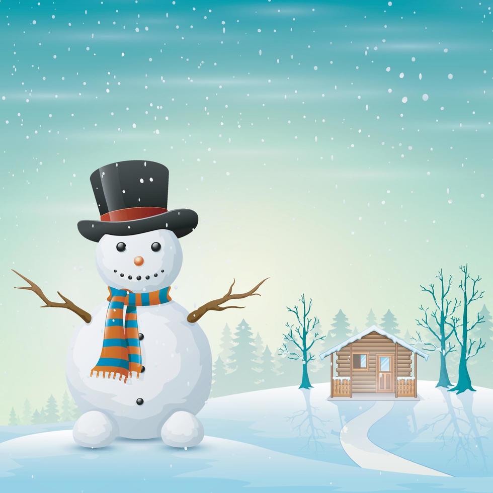 desenho de um boneco de neve de saudação e uma vila de natal nevada vetor