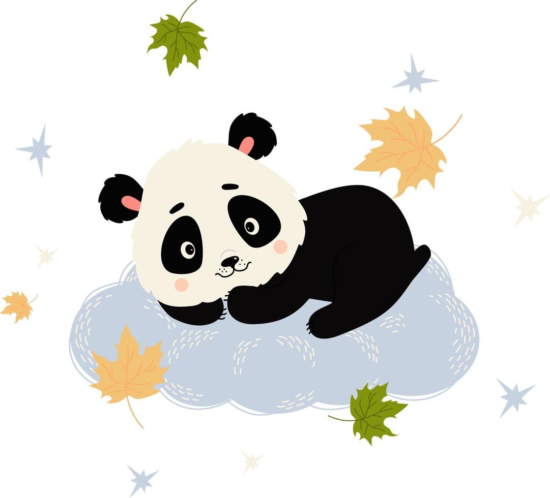 panda bonito na nuvem com folhas de outono. ilustração vetorial. personagem panda em estilo simples vetor