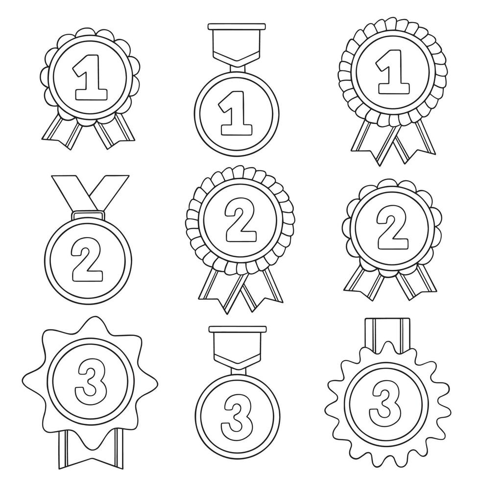 conjunto desenhado à mão de doodles de medalhas. campeão e vencedor medalha de prêmios com fita no estilo de desenho. ilustração vetorial isolada no fundo branco. vetor