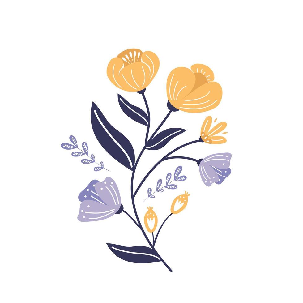 arte folclórica rústica floral mão desenhada ilustração vetorial de flores de ervas. perfeito para cartão de felicitações, têxtil, tecido, papéis de parede, banners, capa de telefone. vetor