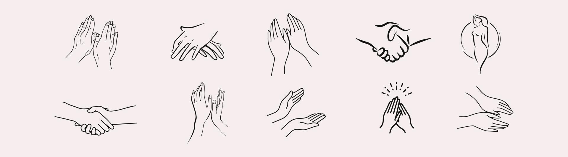 um conjunto de logotipos de mão feminina em um estilo linear mínimo. modelos de design de logotipo vetorial com diferentes gestos de mão, cristal. para cosméticos, beleza, tatuagem, spa, feminino, joalheria. vetor livre