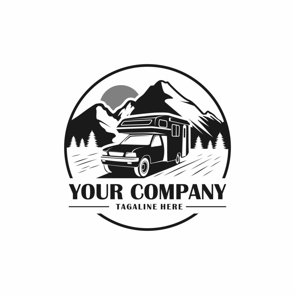 viagem de campervan com logotipo de fundo de montanha vetor