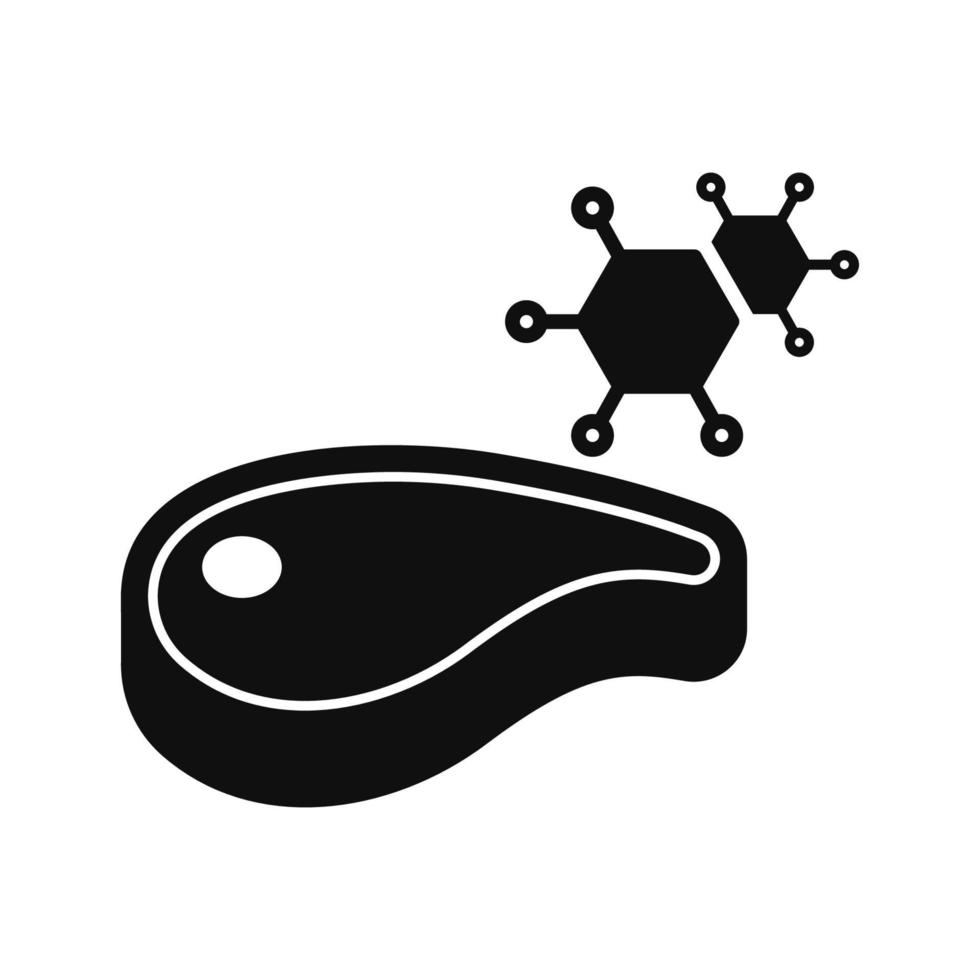 molécula de DNA e ícone de comida artificial de carne. pictograma preto de carne cultivada genética. ícone de silhueta de carne modificada por gene. tecnologia de laboratório do futuro. ilustração vetorial isolado. vetor