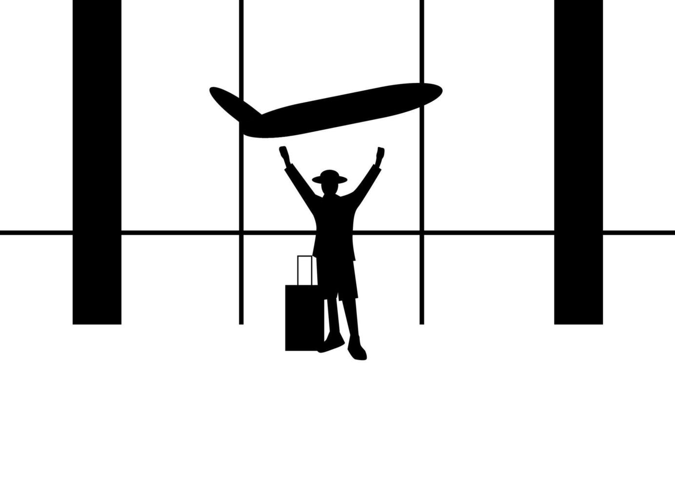 conceito de viagens de turismo e avião. ilustração vetorial de pessoas planas. um homem de pé com bagagem na partida do aeroporto com um plano de fundo. vetor