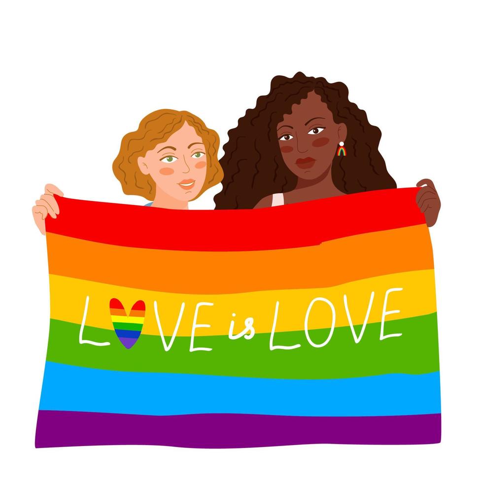 meninas lésbicas estão segurando a bandeira do dia da parada do orgulho gay. abraçando mulheres lgbt segurando a bandeira do arco-íris com letras amor é amor. ilustração vetorial isolada para cartões, convites. vetor