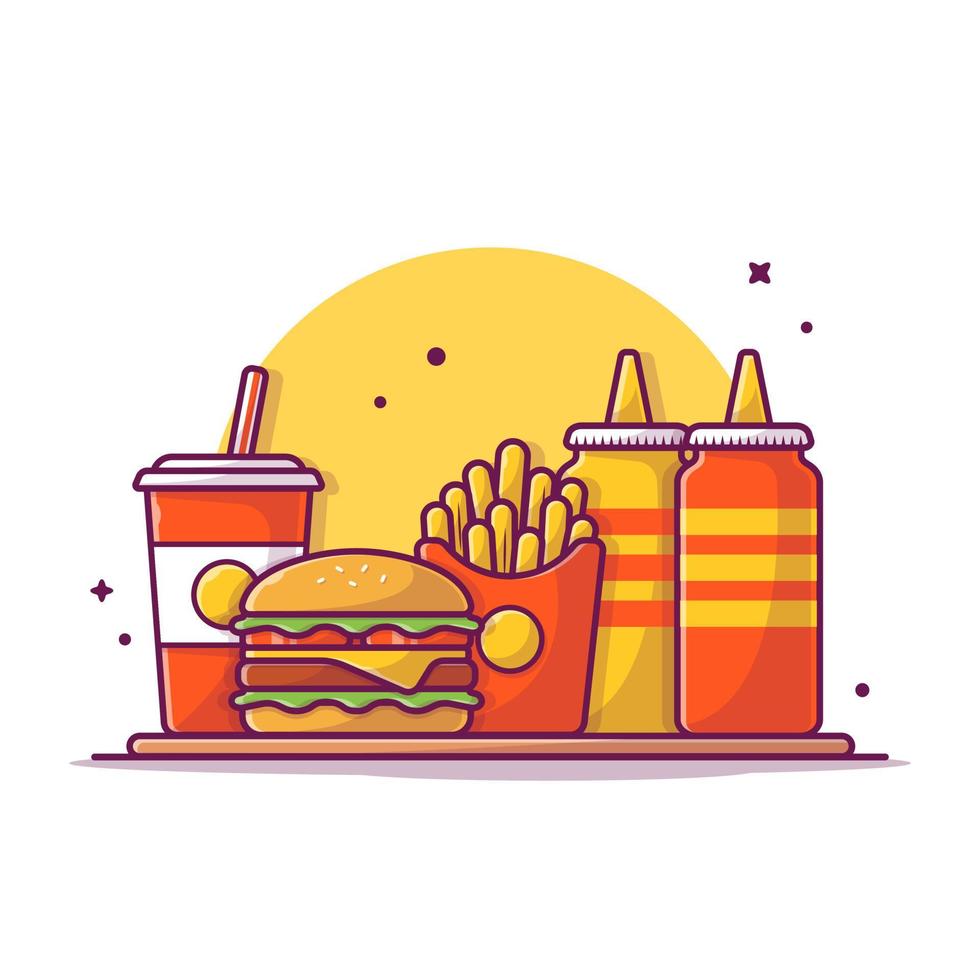 hambúrguer, batatas fritas e refrigerante com mostarda e ketchup ilustração de ícone vetorial dos desenhos animados. comida objeto ícone conceito isolado vetor premium. estilo de desenho animado plano