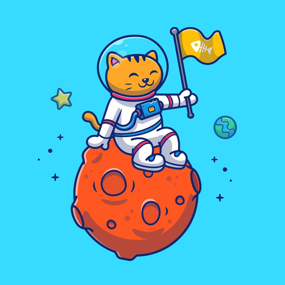 astronauta de gato bonito sentado na lua com ilustração de ícone de vetor de desenho de bandeira. animal tecnologia ícone conceito isolado vetor premium. estilo de desenho animado plano