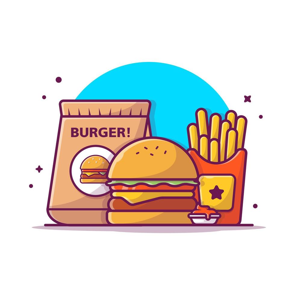 Take away hambúrguer, batatas fritas com ilustração de ícone de vetor de desenho animado de molho. comida objeto ícone conceito isolado vetor premium. estilo de desenho animado plano