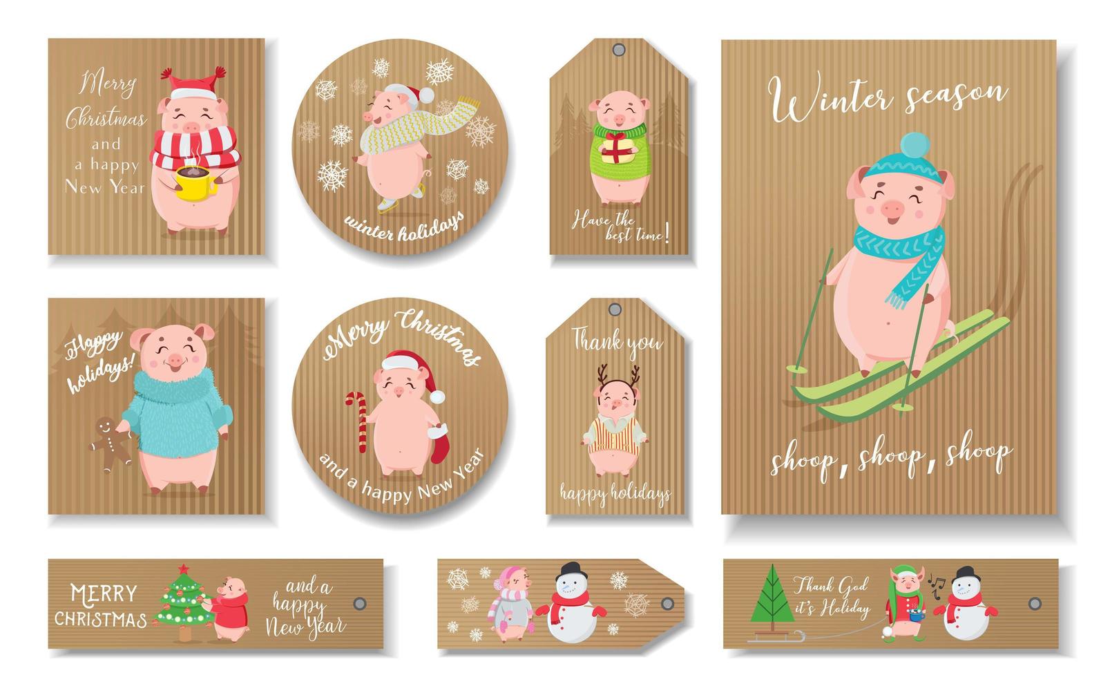 conjunto de natal de tags com porquinhos nos feriados. vetor