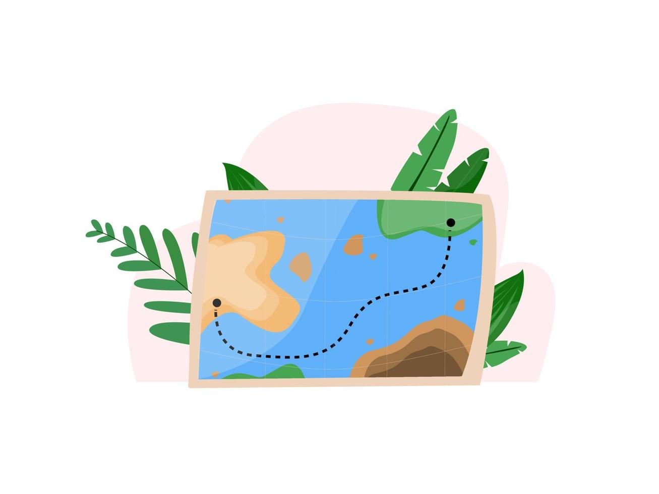 conceito de comprar um voucher no site de uma agência de viagens, ingressos para férias, pesquisa de turismo. cartão turístico no fundo de plantas tropicais. estilo bonito dos desenhos animados. ilustração vetorial vetor