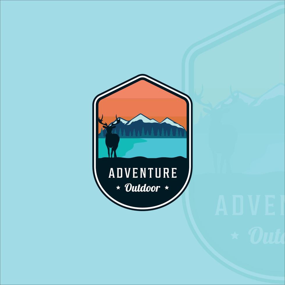 aventura ao ar livre emblema logotipo ilustração vetorial modelo ícone design gráfico. cervo de silhueta no conceito de vida selvagem da montanha do lago ou rio com etiqueta de distintivo vetor