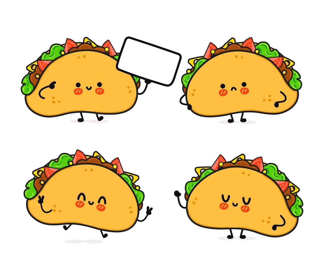 conjunto de pacote de personagens de taco feliz fofo engraçado. ilustração em vetor kawaii estilo dos desenhos animados de linha. isolado no fundo branco. coleção de personagens de mascote de taco fofo