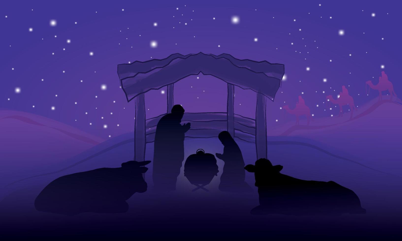 cena noturna roxa de paisagem de natividade com vetor de mangel de estrelas