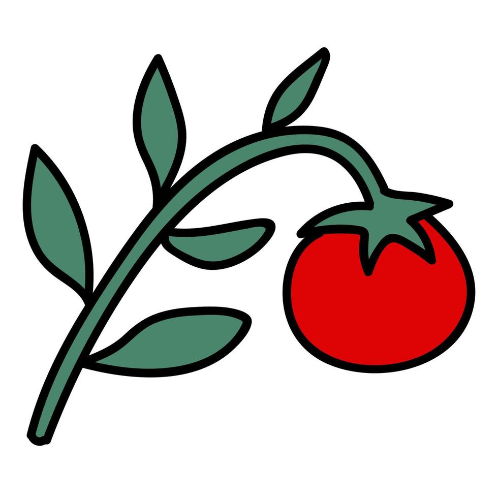 desenho animado doodle tomate linear em um galho isolado no fundo branco. vetor