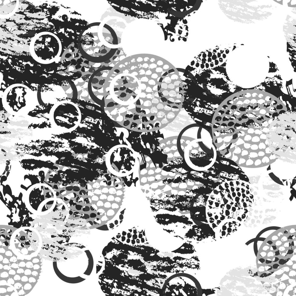 preto e branco grunge abstrato sem costura padrão com círculos, anéis, diferentes pinceladas e formas. fundo infinito círculos texturizados. vetor