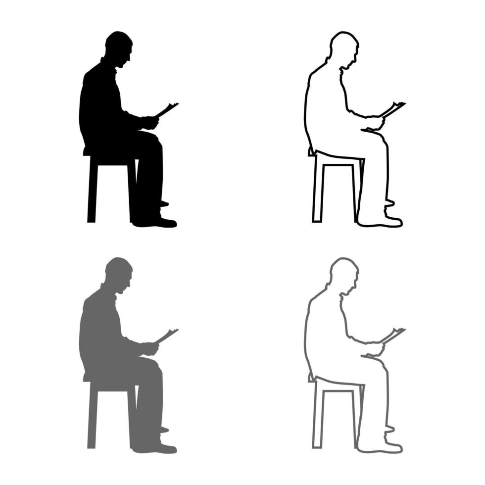 homem sentado lendo o conceito de silhueta aprendendo ícone de documento conjunto de ilustração de cor preta cinza contorno estilo simples imagem simples vetor