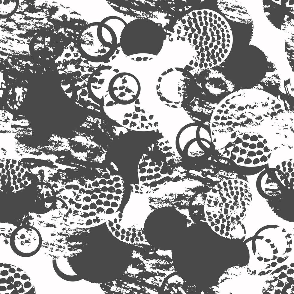 preto e branco grunge abstrato sem costura padrão com círculos, anéis, diferentes pinceladas e formas. fundo infinito círculos texturizados. vetor
