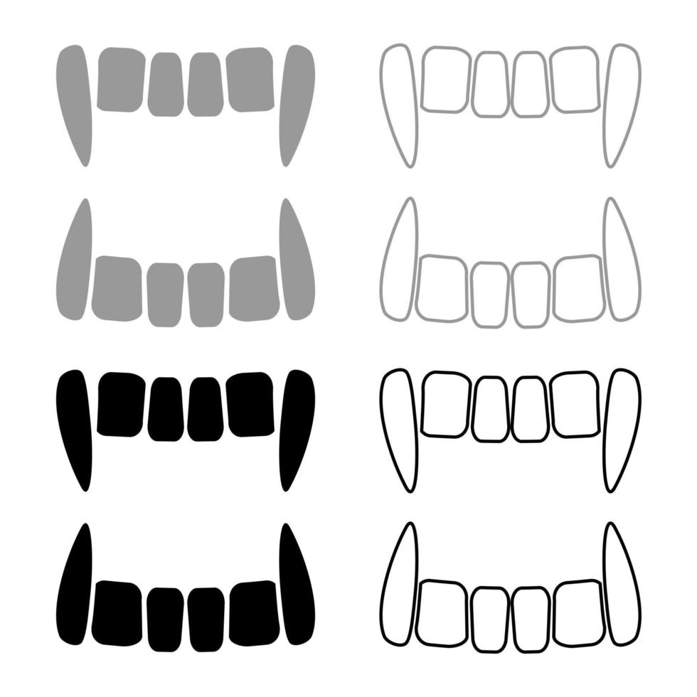 conjunto de ícones de dentes de vampiro cor preta cinza vetor