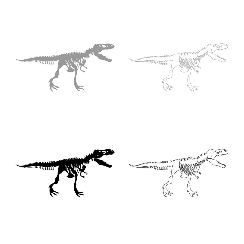 conjunto de contorno de ícone de esqueleto de dinossauro t rex cor preta cinza vetor