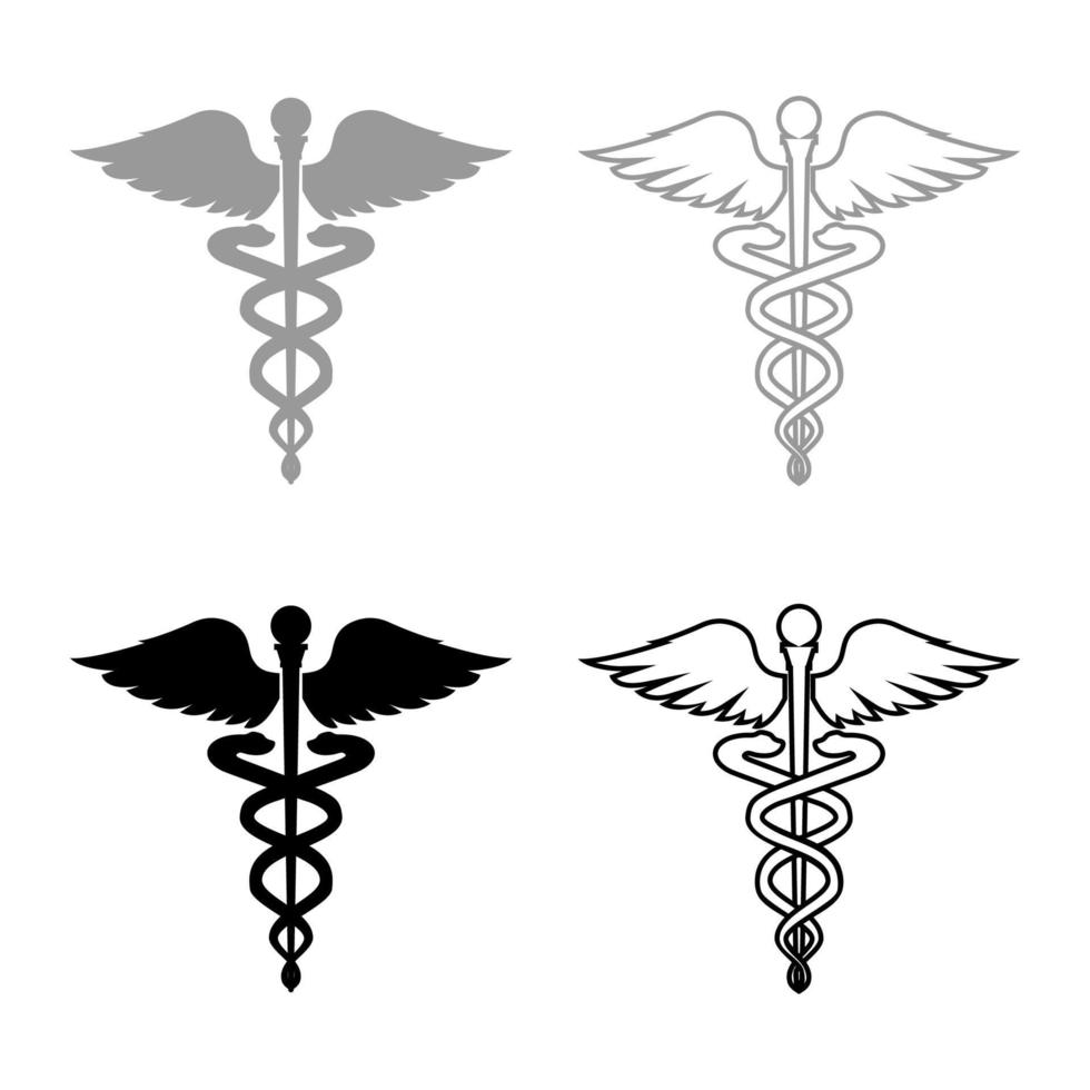 conjunto de ícones de varinha de asclepius símbolo de saúde caduceu cor preta cinza vetor
