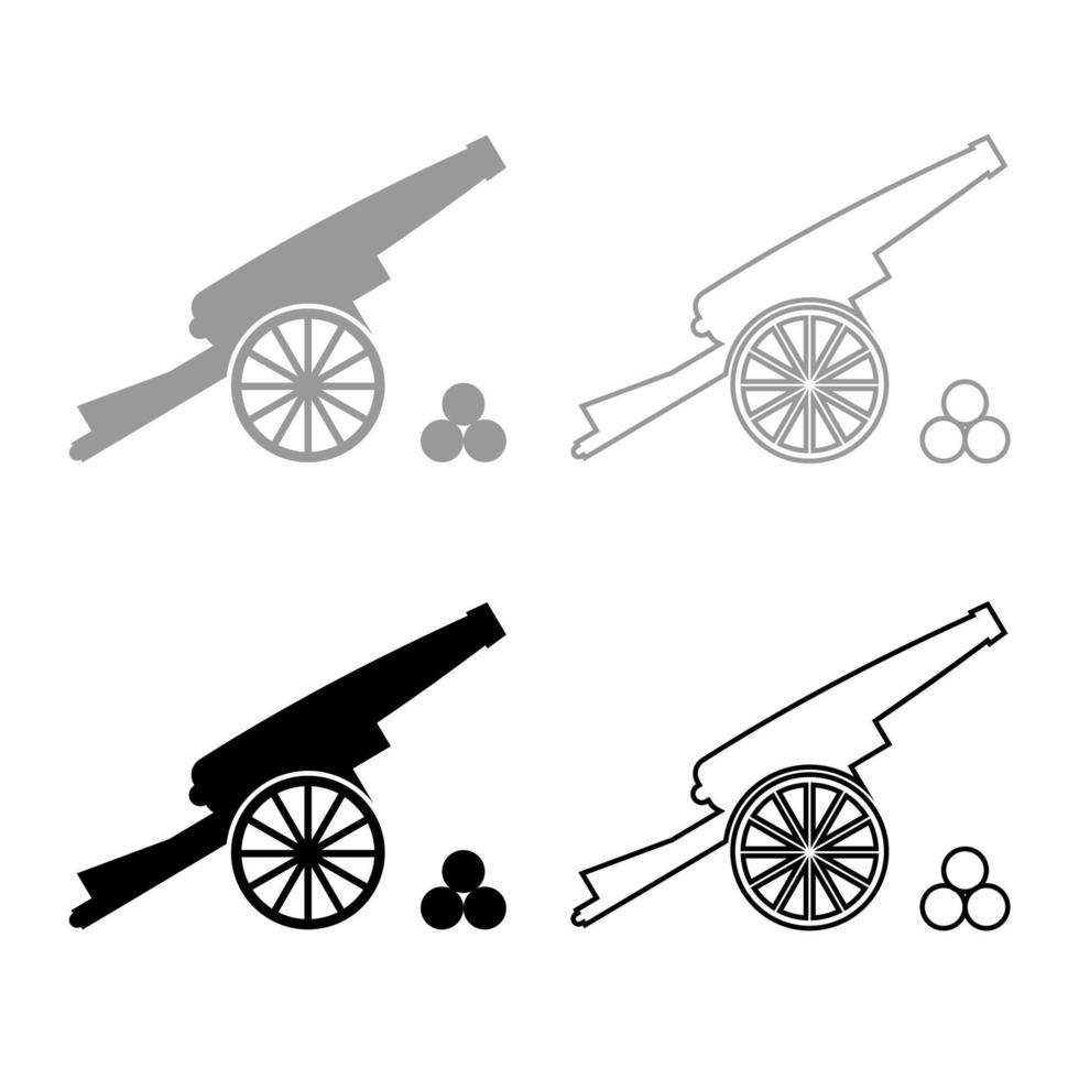 conjunto de contorno de ícones de núcleos de tiro de canhão medieval cor preta cinza vetor