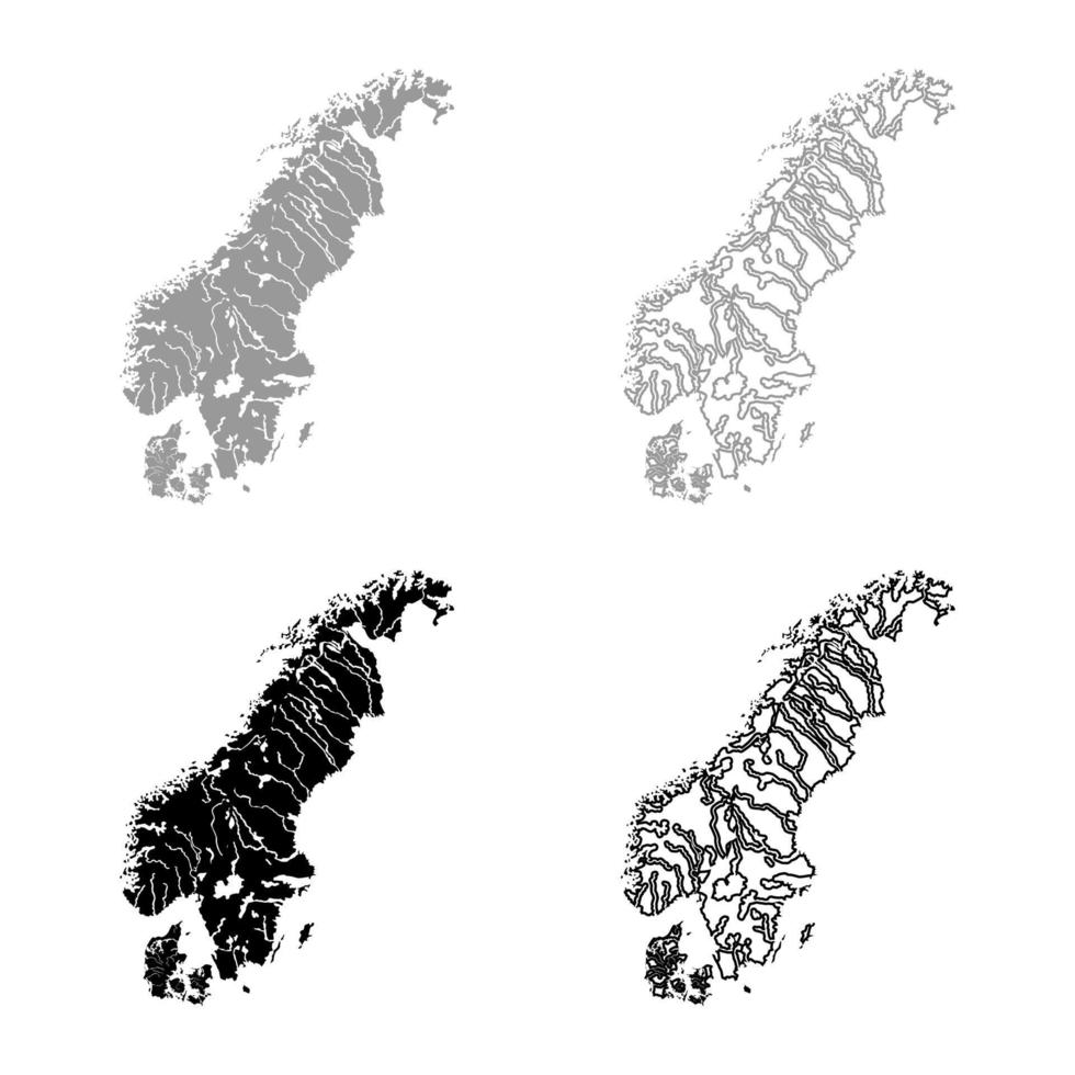 mapa da Escandinávia conjunto de ícones de ilustração de cor preta cinza contorno estilo simples imagem simples vetor