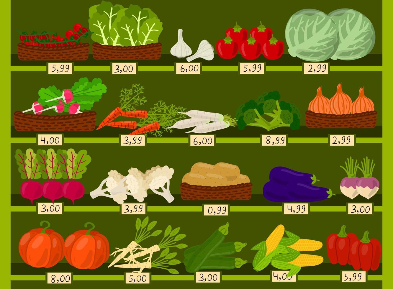 mercado de legumes com prateleiras e preços. supermercado ecológico, mercearia madura, saudável e orgânica. vetor