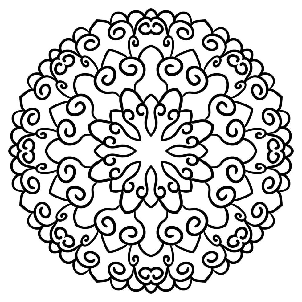 mandala de flor de contorno preto. doodle redondo elemento decorativo para livro de colorir isolado no fundo branco. círculo geométrico floral. vetor