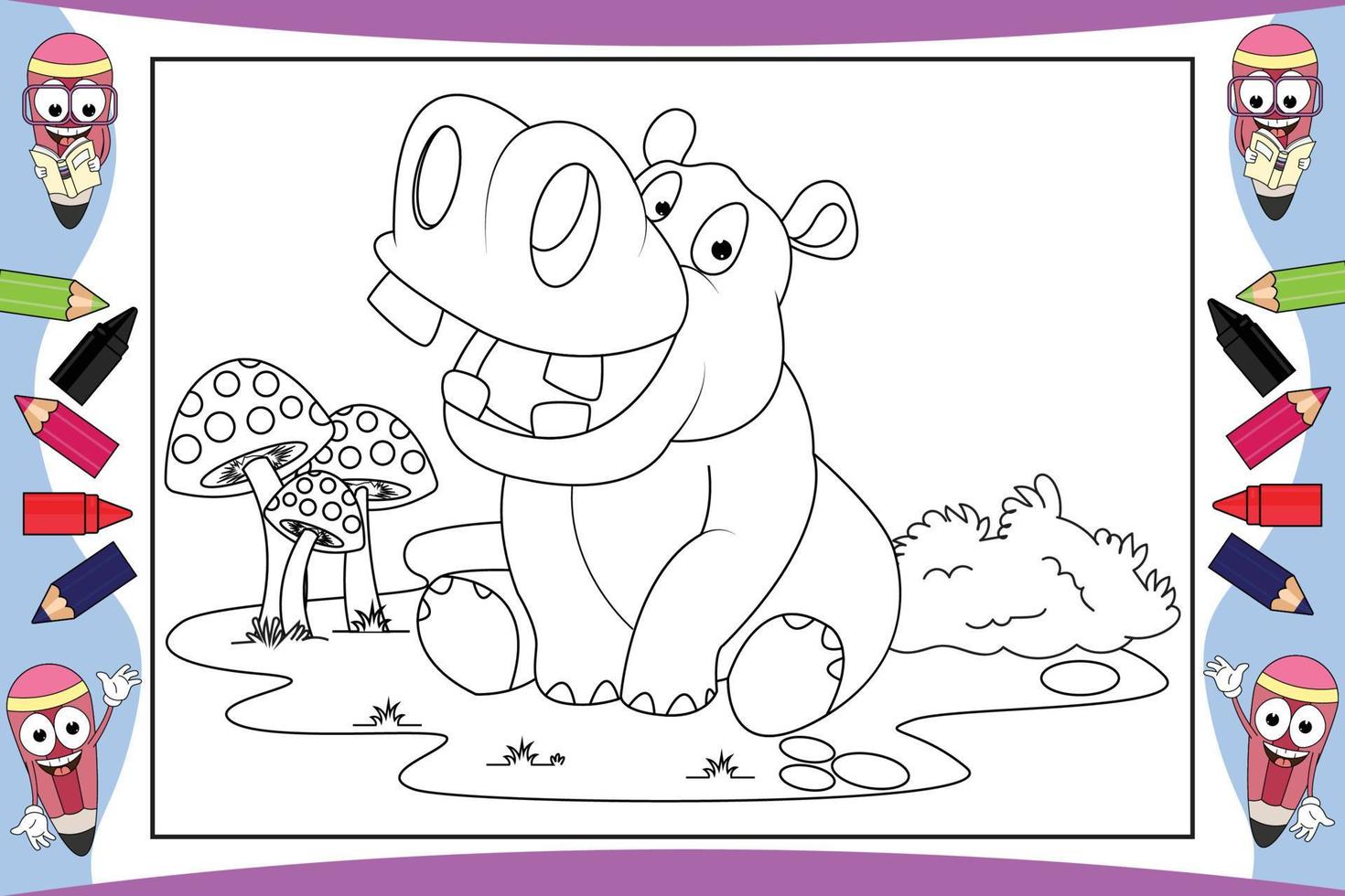 colorir desenho animado de animais de hipopótamo para crianças vetor