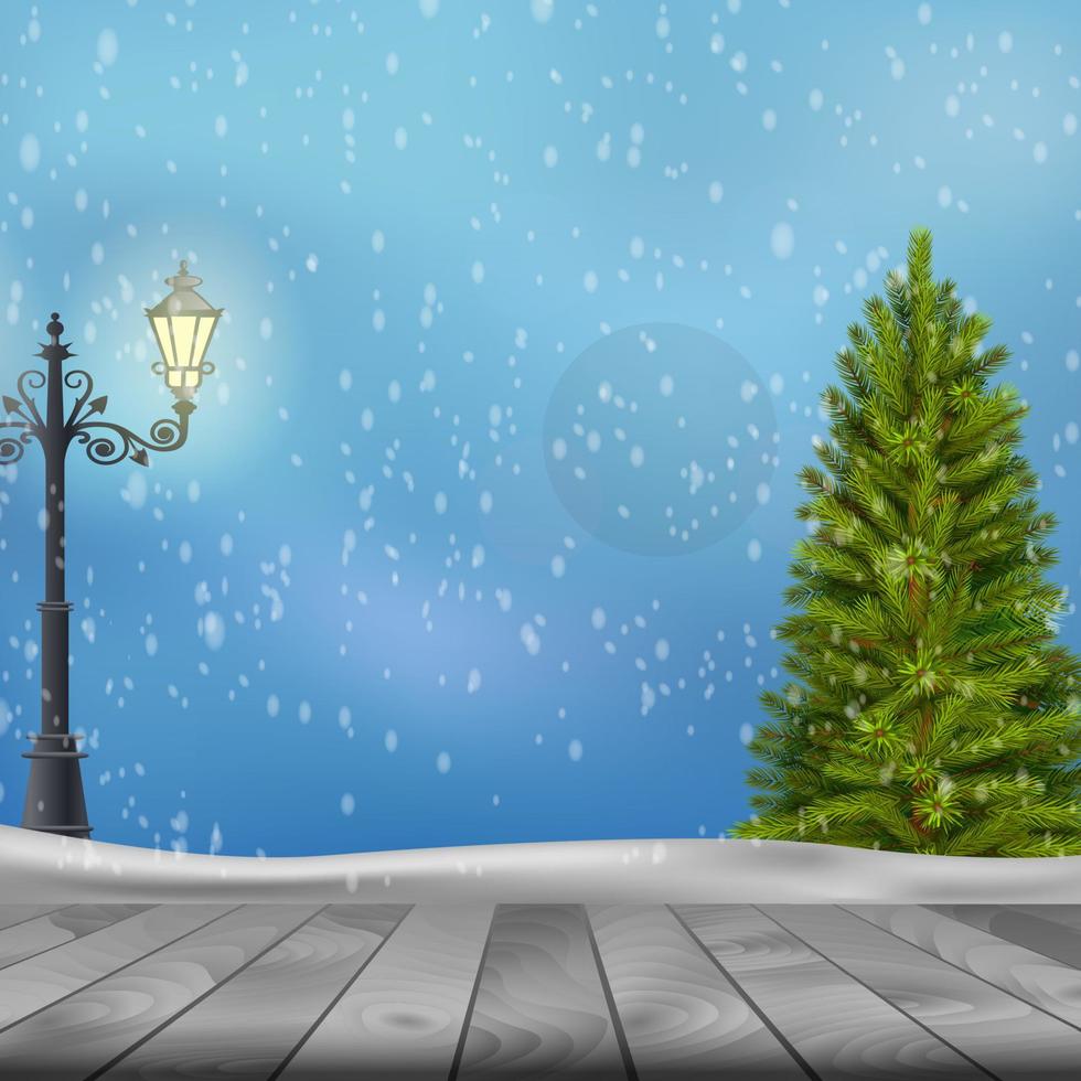 árvore de natal e poste de luz em fundo de inverno. vetor