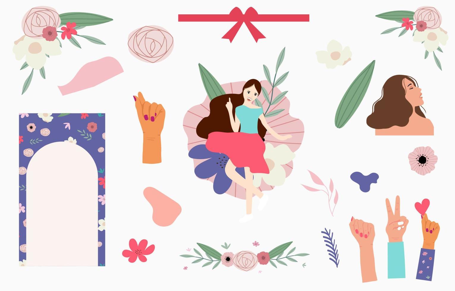 objeto do dia da mulher com flor, rosto, cabelo, ilustração vetorial editável para site, adesivo, tatuagem, ícone vetor
